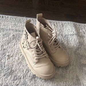 Zara Cream Combat Boots with Floral Detail